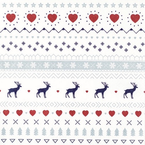 20 Servietten Winter Pattern white - Skandinavisches Muster mit Rehe und Herzen 33x33cm