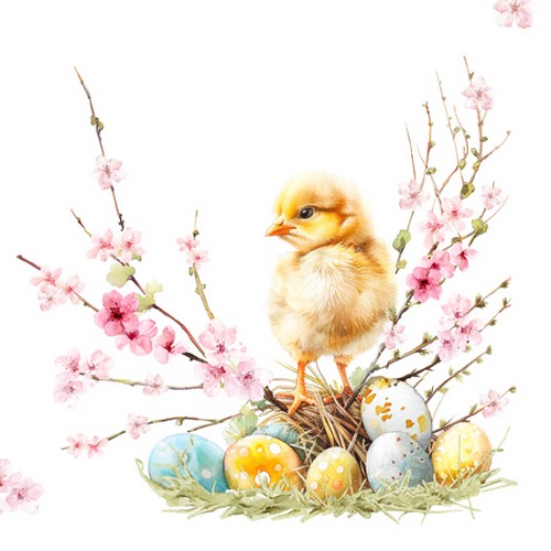 20 Servietten Joli Poussin - Küken an Blüten auf Ostereier 33x33cm