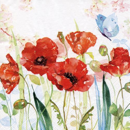 20 Servietten Poppys & Butterfly - Mohnblumen im Garten 33x33cm