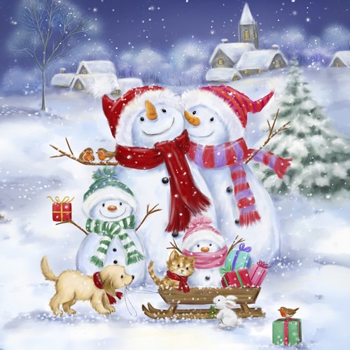 20 Servietten Snowman Family with Pets - Familie Schneemann mit Tiere  33x33cm