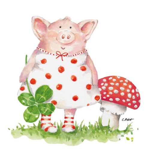 20 Servietten Lucky Piggy - Schwein am Fliegenpilz 33x33cm