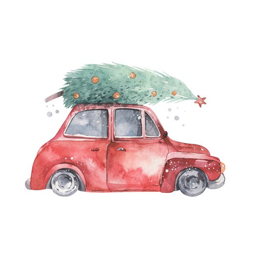 20 Servietten Vintage Christmas Car - Tanne auf rotem Auto 33x33cm