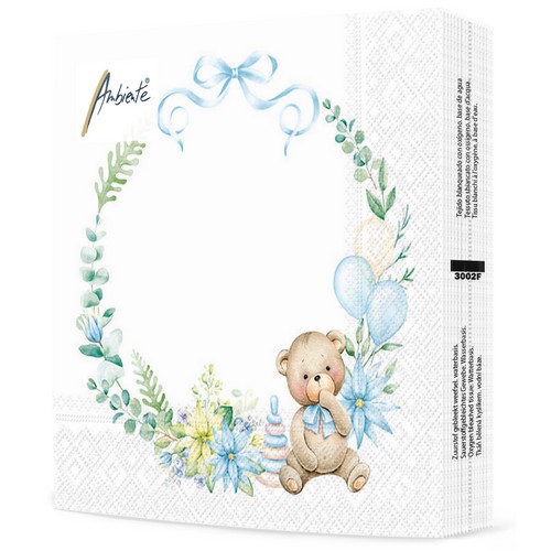 20 Servietten Baby Teddy Bear blue - Teddy im blauen Kranz 33x33cm
