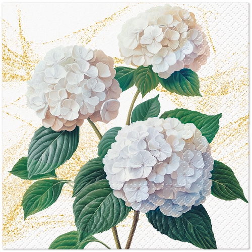 20 Servietten Romatic White Hydrangeas - Hortensien in weiß auf gold 33x33cm