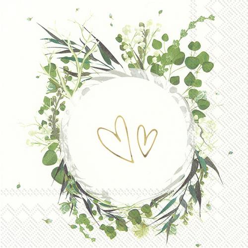 20 Servietten It´s a Celebration gold - Zwei Herzen im Kranz 33x33cm