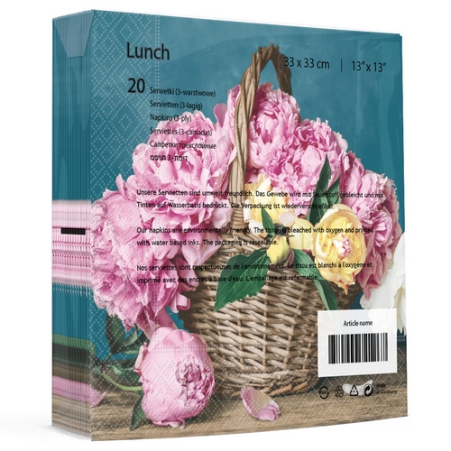 20 Servietten Peony Basket - Rosa Pfingstrosen im Korb 33x33cm