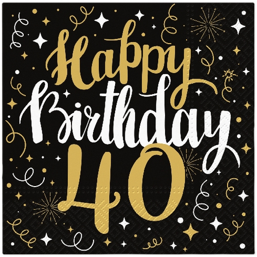 20 Servietten Gold Birthday 40 - Happy Birthday 40 schwarz-gold 33x33cm