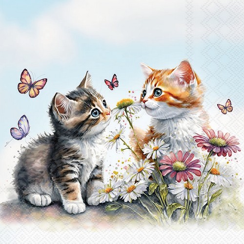 20 Servietten Kitten in Flower Field - Katzen am Blumenbeet 33x33cm