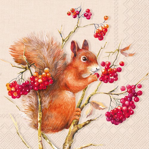 20 Servietten Tammy cream - Eichhörnchen findet Beeren 33x33cm
