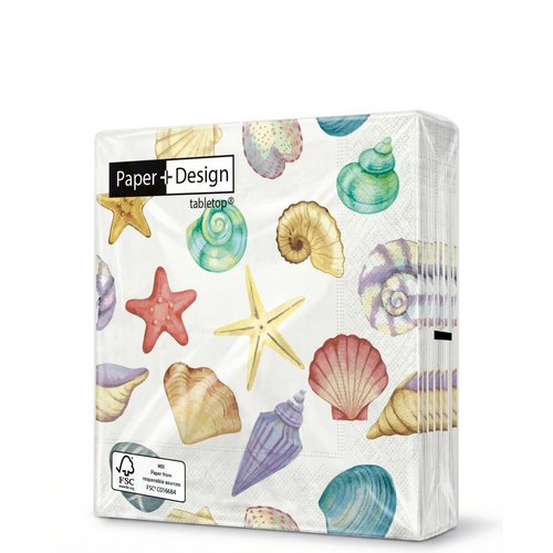 20 kleine Cocktailservietten Seashore - Bunte Muscheln 25x25cm