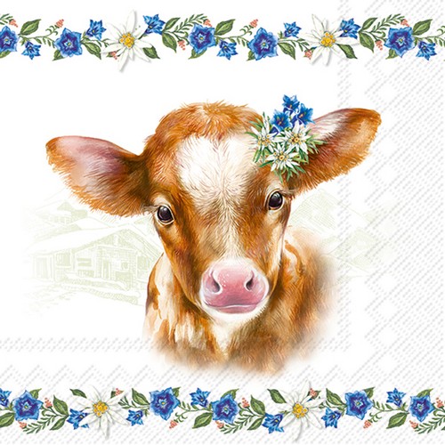 20 Servietten Auf der Alm - Kuh an Edelweissbordüre 33x33cm