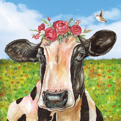 20 Servietten Mia - Kuh mit Rosen vor Wiese 33x33cm