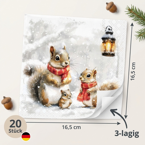 20 Servietten Squirrel Family - Winter-Eichhörnchen an Laterne 33x33cm