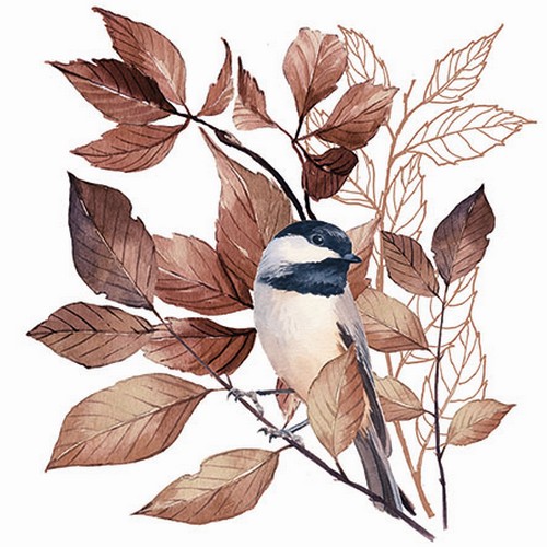 20 Servietten Lovely Chickadee white - Vogel an braune Blätter auf weiß 33x33cm