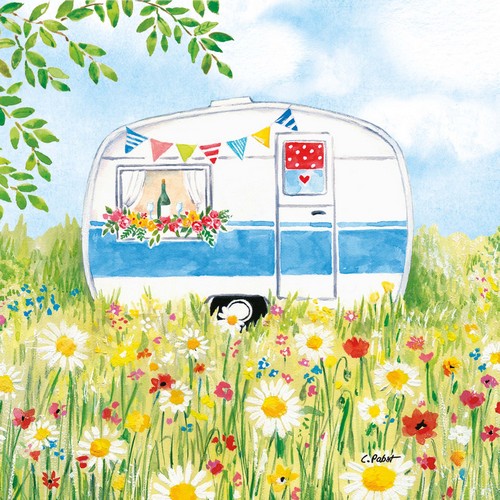 20 Servietten Happy Camping - Campingwagen im Blumenfeld 33x33cm