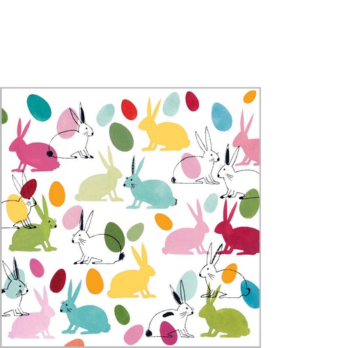 20 kleine Cocktailservietten Rabbits & Eggs - Bunte Hasen und Ostereier 25x25cm