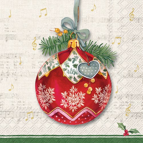 20 Servietten Christmas Bauble - Rote Kugel auf Notenzeile 33x33cm
