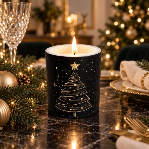 Kerze rund Elegant Xmas Tree black - Eleganter Weihnachtsbaum schwarz gold Ø 8cm, Höhe 8,5cm