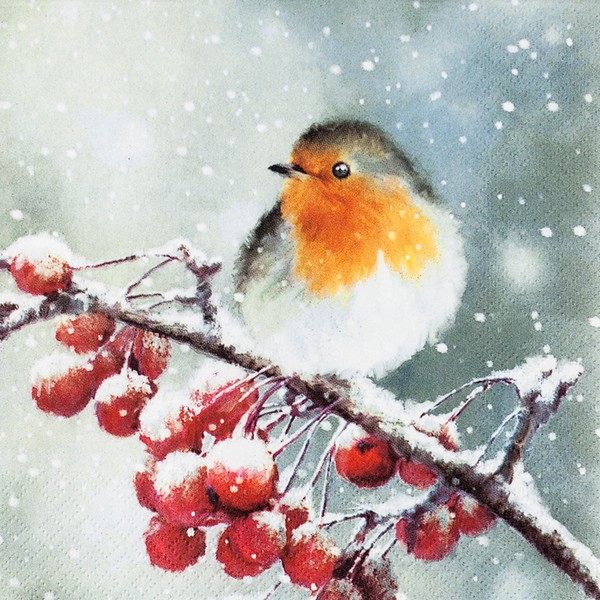 20 kleine Cocktailservietten Hello Robin - Winterszene mit Vogel 25x25cm