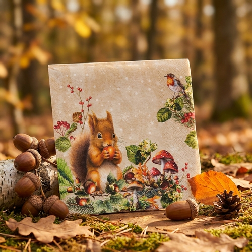 20 Servietten Fruit Collector - Eichhörnchen und Vogel an Früchte 33x33cm