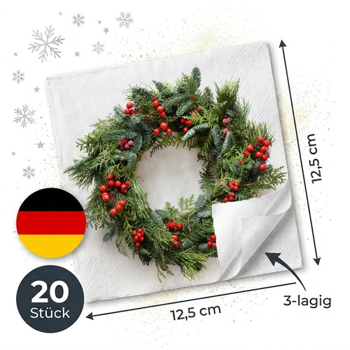 20 kleine Cocktailservietten Merry berry wreath - Natürlicher Kranz mit Beeren 25x25cm