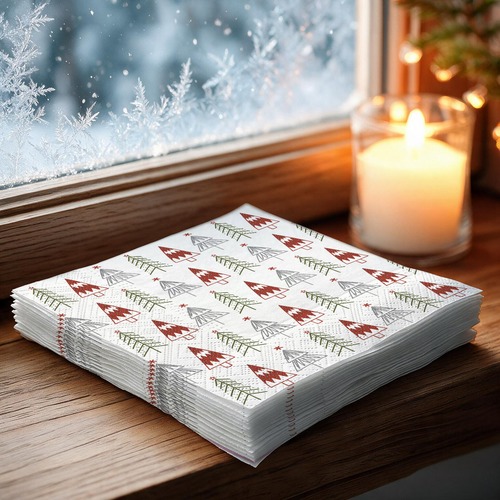 20 kleine Cocktailservietten Fun trees Red - Gemalte Weihnachtsbäume rot-grün 25x25cm