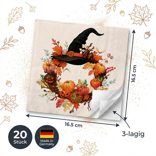 20 Servietten Whitch Wreath - Herbstkranz mit Hexenhut 33x33cm