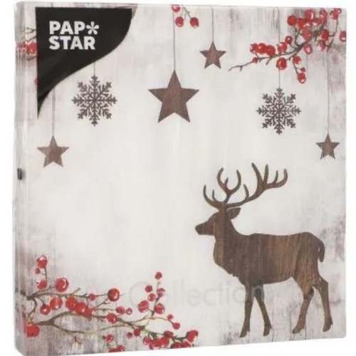 20 Servietten X-Mas Deer - Holz-Hirsch an Winterbeeren 33x33cm