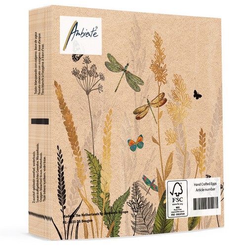 20 Servietten aus 80% Recycling-Papier Ornamental Flowers nature - Naturbelassene Wiese mit Libellen nature 33x33cm