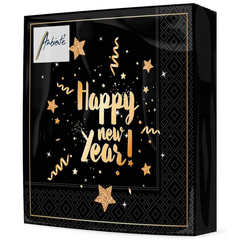 20 Servietten New Year Glitter black - Happy New Year gold auf schwarz 33x33cm