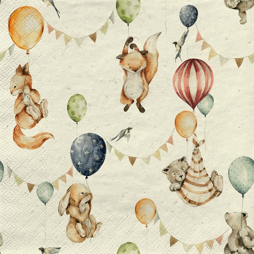 20 Servietten nachhaltig Gras Kids Party - Tiere fliegen mit Ballons 33x33cm
