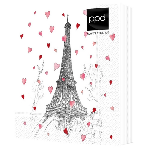 20 Servietten Paris Love - Herzen um Eiffelturm 33x33cm