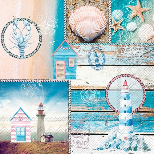 20 Servietten Roderik - Collage von Leuchtturm und Muscheln 33x33cm