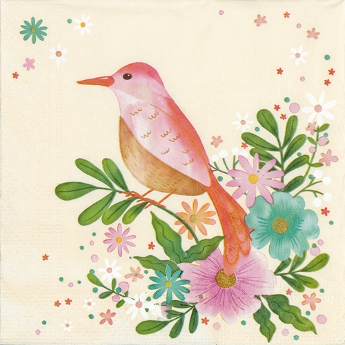 20 Servietten Flowery Bird - Vogel auf gemalten Blumen 33x33cm