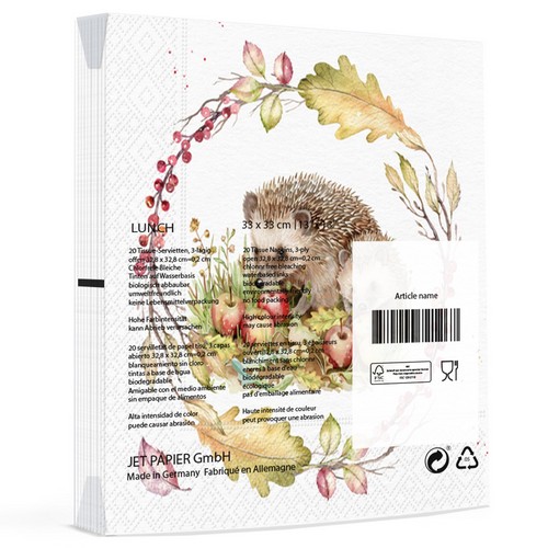 20 Servietten Hedehog Autumn Feast - Igel mit Äpfel im Kranz 33x33cm