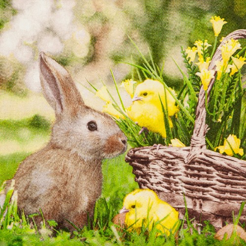 20 Servietten Rabbit and Chicks - Hase mit Küken am Korb 33x33cm