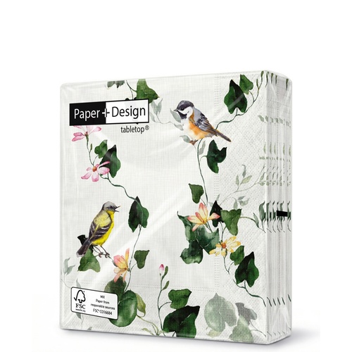 20 kleine Cocktailservietten Botanical Vine - Vögel an Efeu 25x25cm