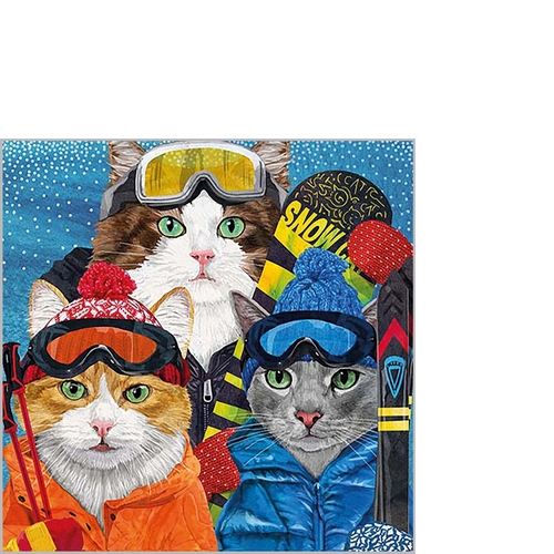 20 kleine Cocktailservietten Ski Cats - Katzen im Skianzug 25x25cm