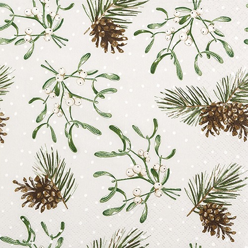 20 Servietten Sweet Mistletoe - Zarte Mistelzweige und Zapfen 33x33cm