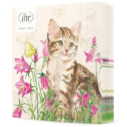 20 Servietten Minka cream - Katze an pinken Blumen 33x33cm