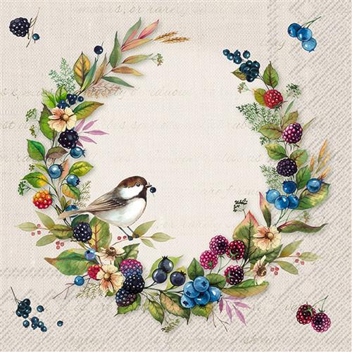 20 Servietten Autumn Fruits cream - Vogel im Beerenkranz 33x33cm