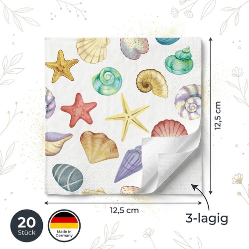 20 kleine Cocktailservietten Seashore - Bunte Muscheln 25x25cm