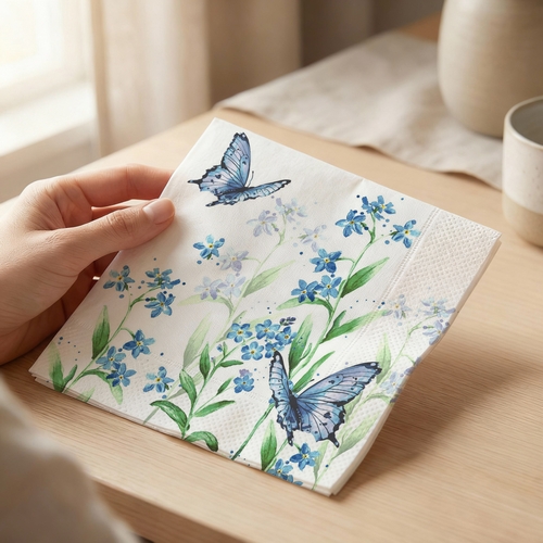 20 Servietten Azure bloom - Schmetterlinge an blauen Blumen 33x33cm