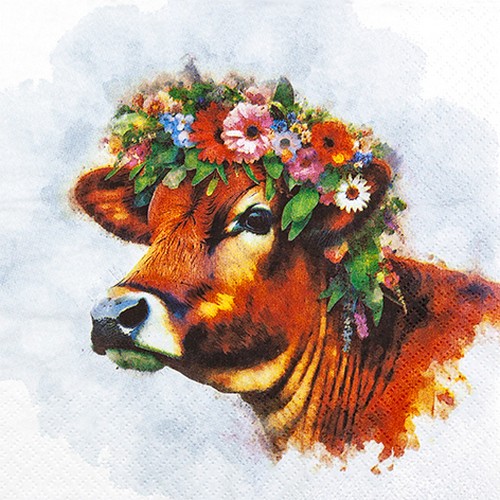 20 Servietten Muh! - Kuh mit Blumenkranz 33x33cm