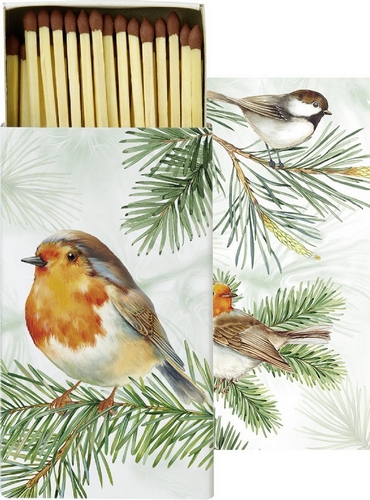 Kaminhölzer 45er Box Charming Robin - Großes Rotkehlchen auf Zweig 11x6,3cm