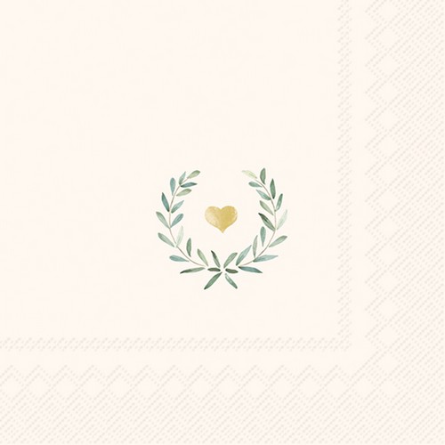 20 Servietten Laurel Wreath Heart cream - Goldenes Herz im zarten Kranz 33x33cm