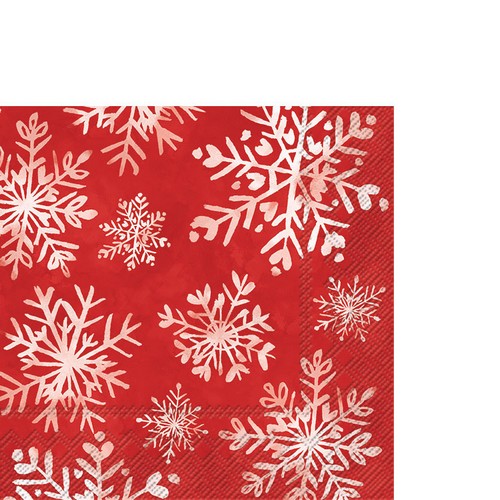 RP 20 kleine Cocktailservietten Chris red - Weiße Schneeflocken auf rot 25x25cm