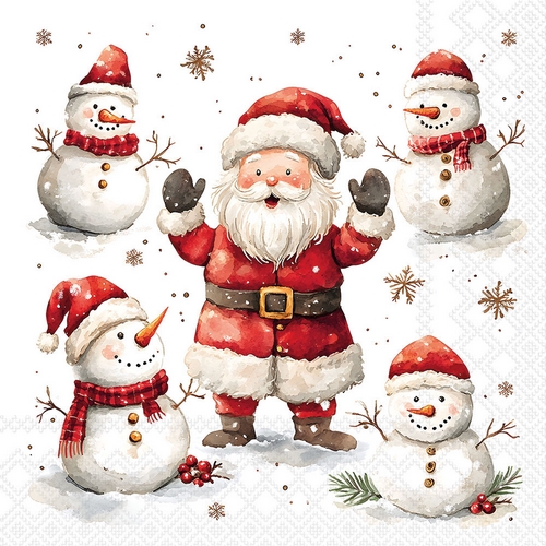 20 Servietten Jolly Friends - Santa mit Team an Schneemänner 33x33cm