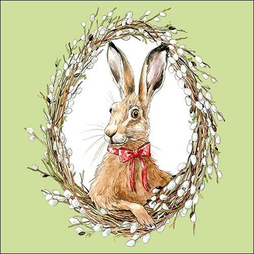 20 Servietten Bunny Portrait green - Hase im Kranz auf grün 33x33cm