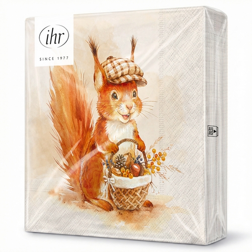 20 Servietten Monty cream - Eichhörnchen mit Herbstkorb 33x33cm